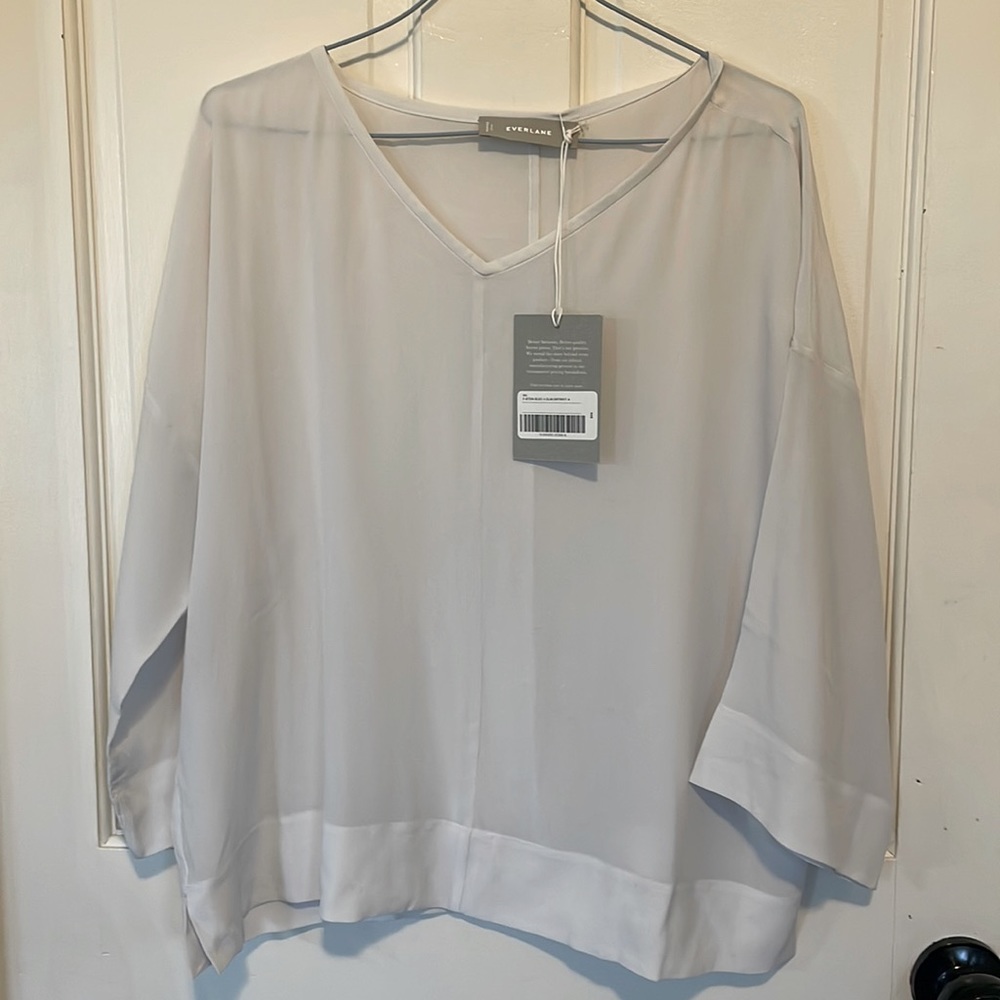 NWT Everlane V-neck 100% Silk grey/White blouse size 4